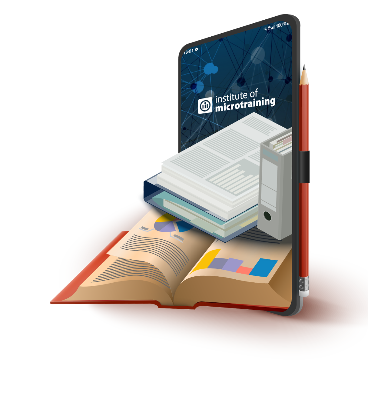 Grafik eines mobilen Devices aus dessen Bildschirm analoge Lernunterlagen fallen, um die Transferierung analoger Lerninhalte in die digitale Welt zu symbolisieren.