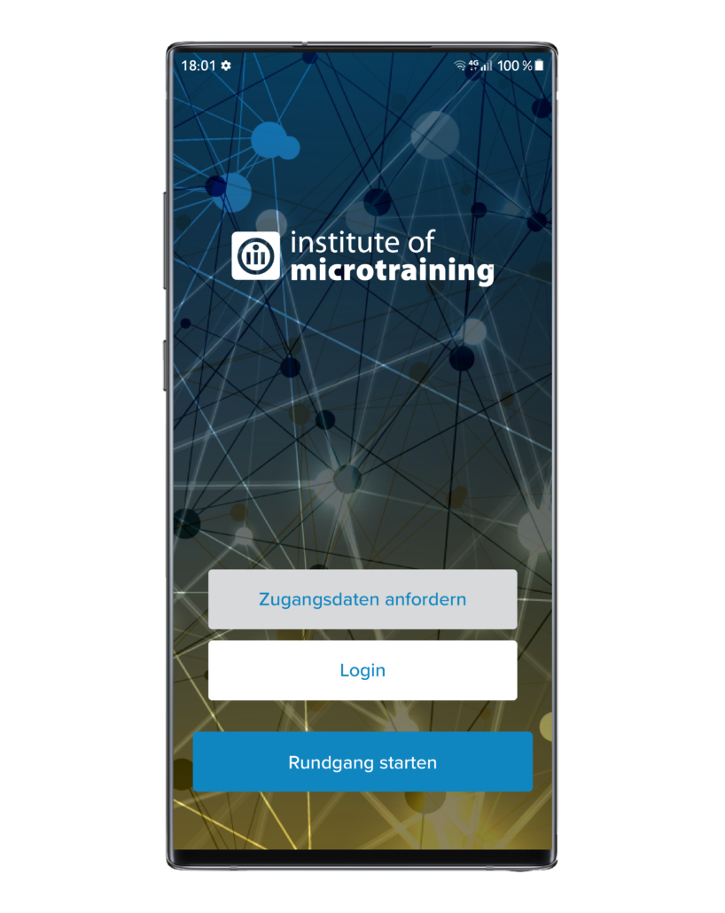 Das Erscheinungsbild des Start-Screens der Microtraining-App auf einem Smartphone.