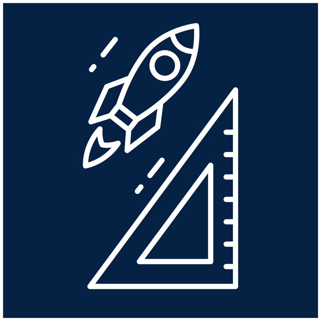 Piktogramm zeigt ein Geodreieck und eine aufsteigende Rakete, um die Messbarkeit der Lernerfolge durch die Technologie abzubilden.