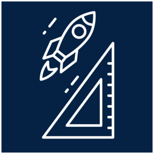 Piktogramm zeigt ein Geodreieck und eine aufsteigende Rakete, um die Messbarkeit der Lernerfolge durch die Technologie abzubilden.