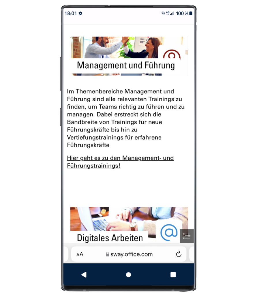 Grafik zeigt einen Ausschnitt der Content-Bibliothek unserer Lerntechnologie auf einem mobilen Device.