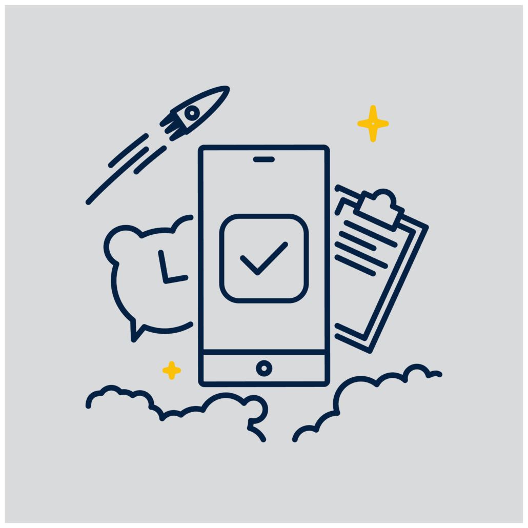 Piktogramm zeigt ein Smartphone, einen Wecker, ein Clip-board und eine aufsteigende Rakete, um die Eigenschaften der Technologie widerzuspiegeln.