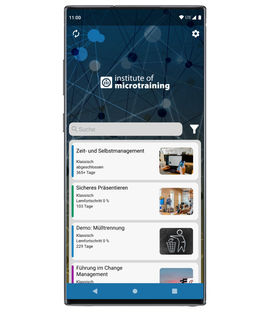 Auf einem Smartphone wir der Start-screen mit der Trainingsübersicht der Microtraining-Technologie abgebildet.